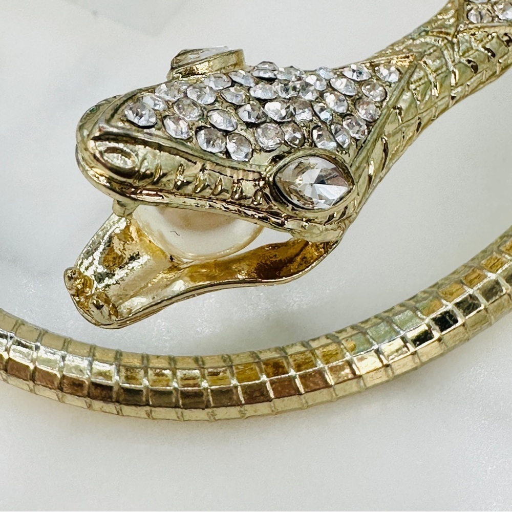 Snake Bracelet Pearl In Mouth Rhinestone Head Coiled Gold-tone Serpent Bracelet - Picture 6 of 13